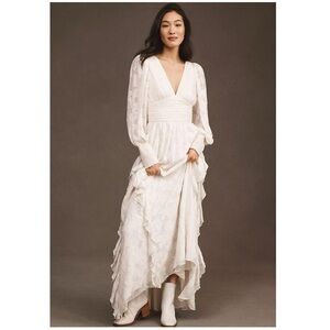 BHLDN Donna Long-Sleeve V-Neck Ruffled Maxi Dress, Ivory, Large